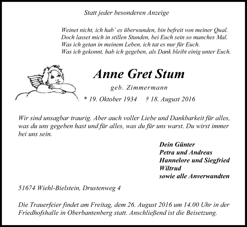  Traueranzeige für Anne Gret Stum vom 23.08.2016 aus Kölner Stadt-Anzeiger / Kölnische Rundschau / Express