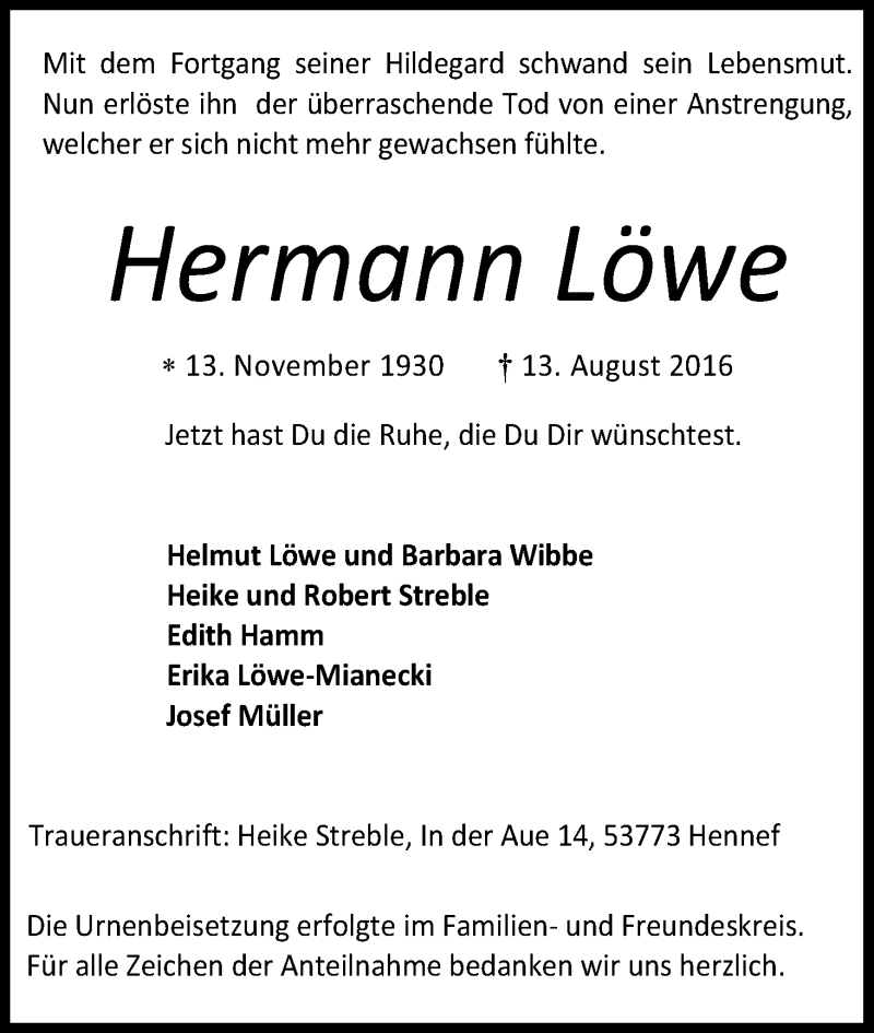  Traueranzeige für Hermann Löwe vom 29.08.2016 aus Kölner Stadt-Anzeiger / Kölnische Rundschau / Express