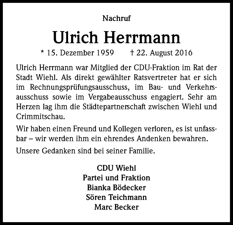  Traueranzeige für Ulrich Herrmann vom 27.08.2016 aus Kölner Stadt-Anzeiger / Kölnische Rundschau / Express