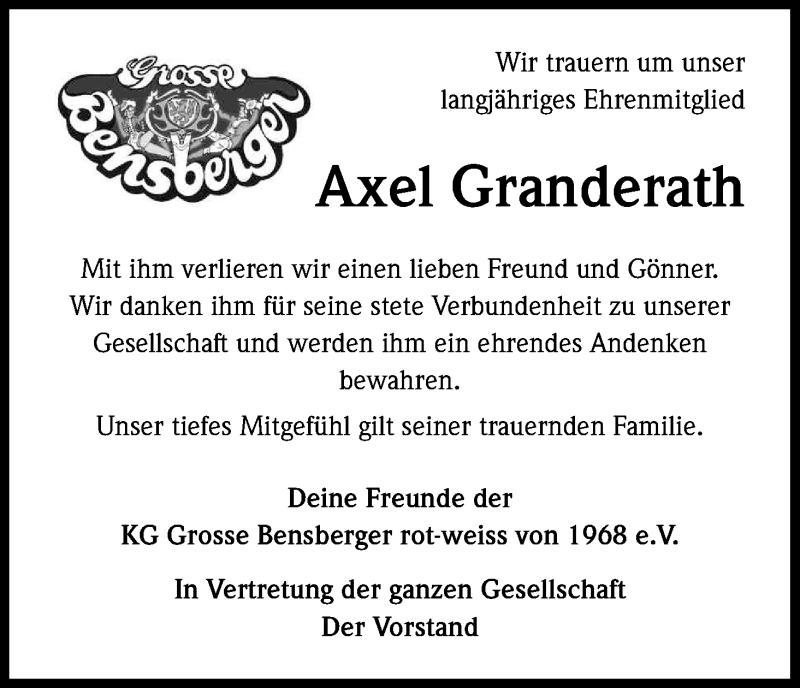  Traueranzeige für Axel Granderath vom 24.08.2016 aus Kölner Stadt-Anzeiger / Kölnische Rundschau / Express
