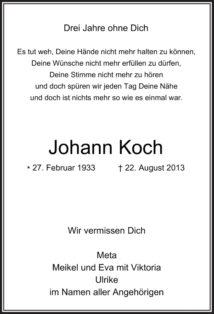  Traueranzeige für Johann Koch vom 27.08.2016 aus  Bergisches Sonntagsblatt 