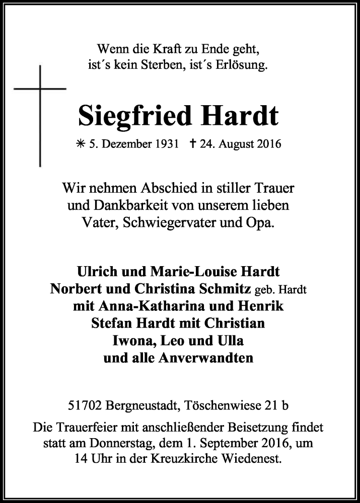  Traueranzeige für Siegfried Hardt vom 27.08.2016 aus Kölner Stadt-Anzeiger / Kölnische Rundschau / Express