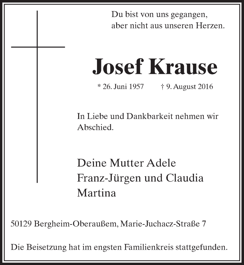  Traueranzeige für Josef Krause vom 27.08.2016 aus  Sonntags-Post 