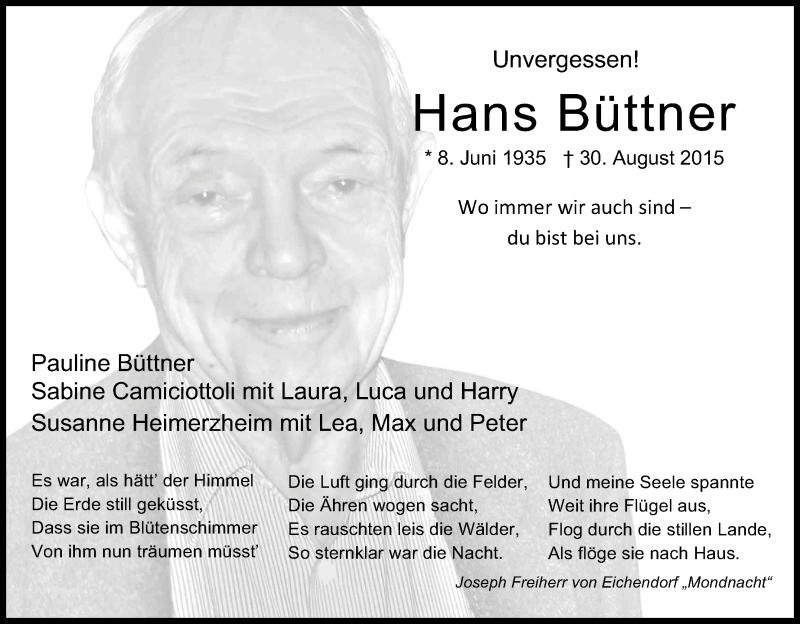  Traueranzeige für Hans Büttner vom 30.08.2016 aus Kölner Stadt-Anzeiger / Kölnische Rundschau / Express