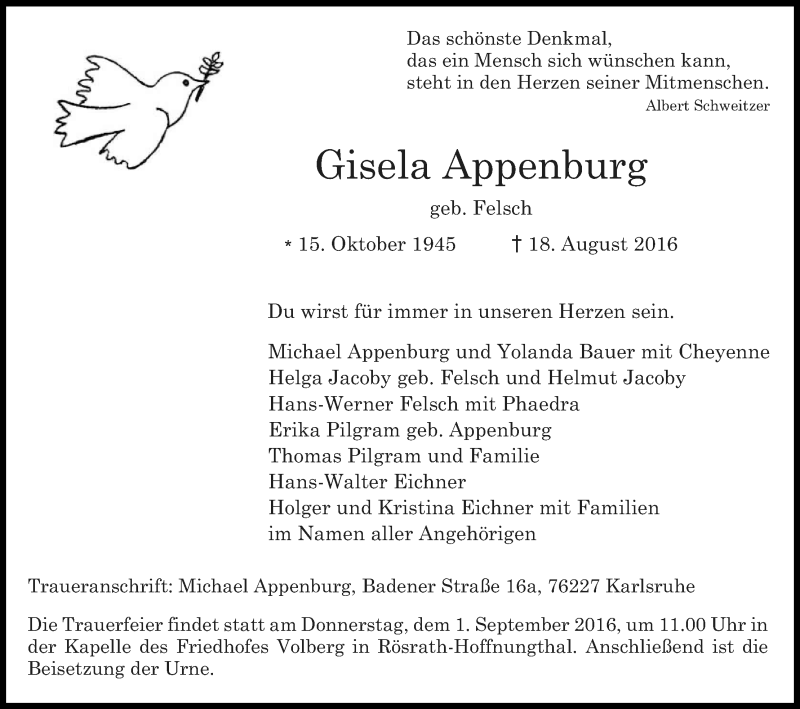  Traueranzeige für Gisela Appenburg vom 30.08.2016 aus Kölner Stadt-Anzeiger / Kölnische Rundschau / Express