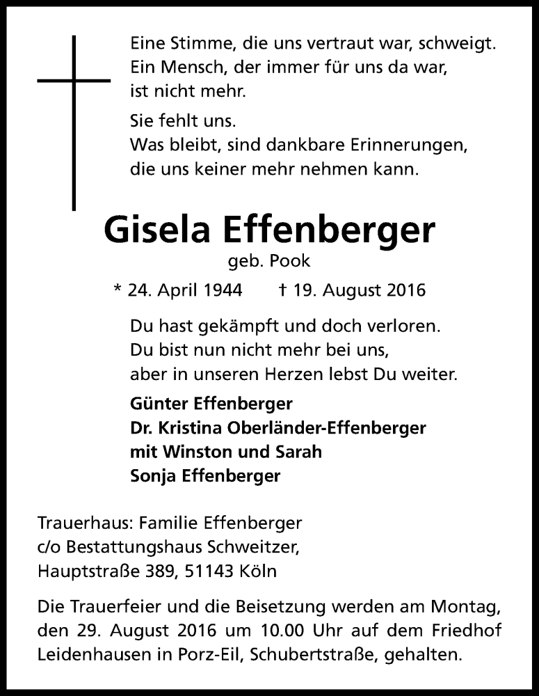  Traueranzeige für Gisela Effenberger vom 24.08.2016 aus Kölner Stadt-Anzeiger / Kölnische Rundschau / Express