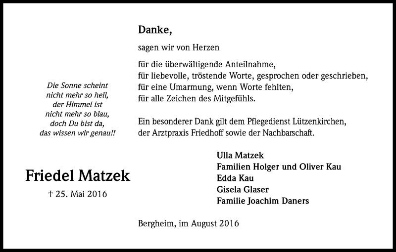  Traueranzeige für Friedel Matzek vom 20.08.2016 aus Kölner Stadt-Anzeiger / Kölnische Rundschau / Express