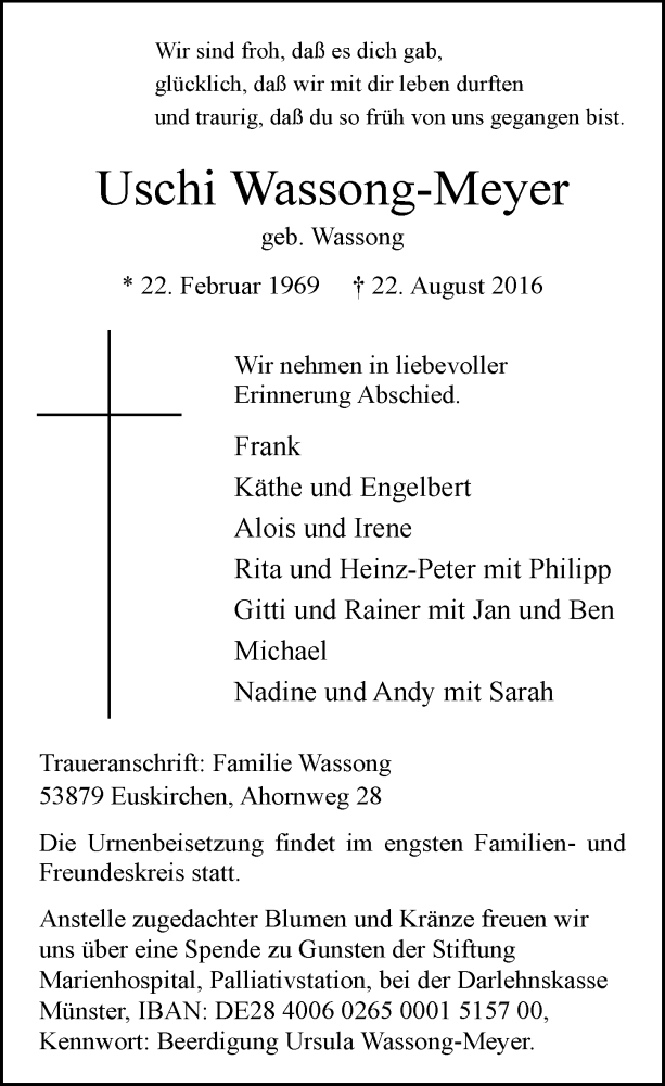  Traueranzeige für Uschi Wassong-Meyer vom 27.08.2016 aus  Schaufenster/Blickpunkt am Wochenende 