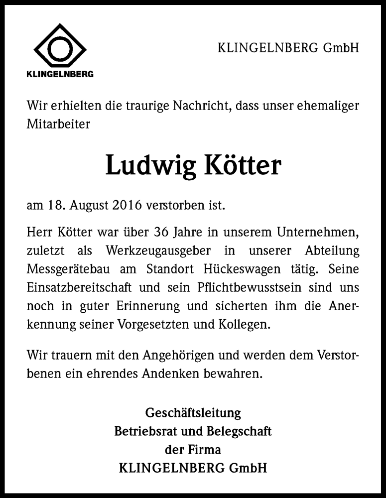  Traueranzeige für Ludwig Kötter vom 25.08.2016 aus Kölner Stadt-Anzeiger / Kölnische Rundschau / Express