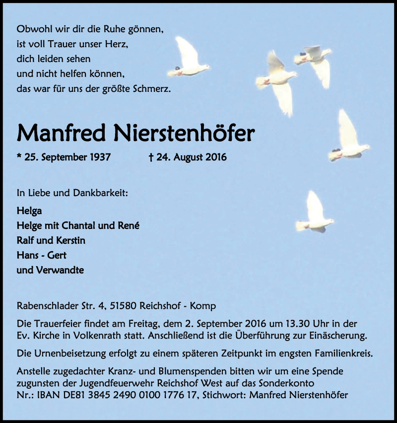  Traueranzeige für Manfred Nierstenhöfer vom 27.08.2016 aus Kölner Stadt-Anzeiger / Kölnische Rundschau / Express