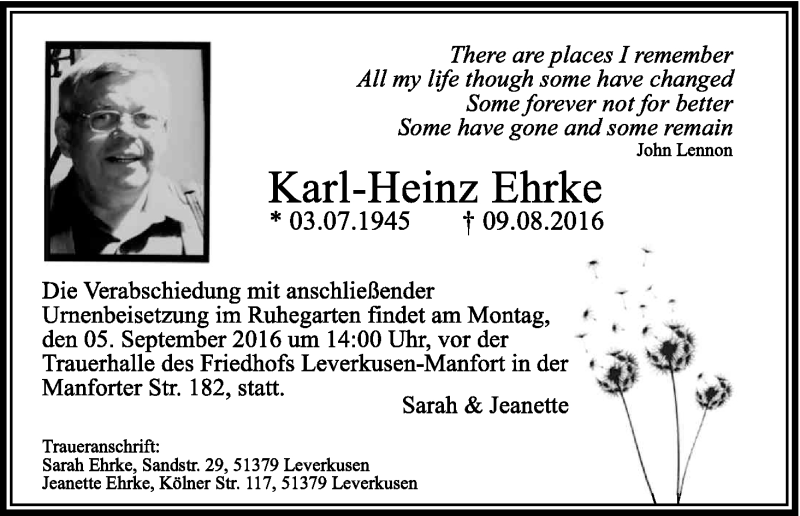  Traueranzeige für Karl-Heinz Ehrke vom 27.08.2016 aus Kölner Stadt-Anzeiger / Kölnische Rundschau / Express