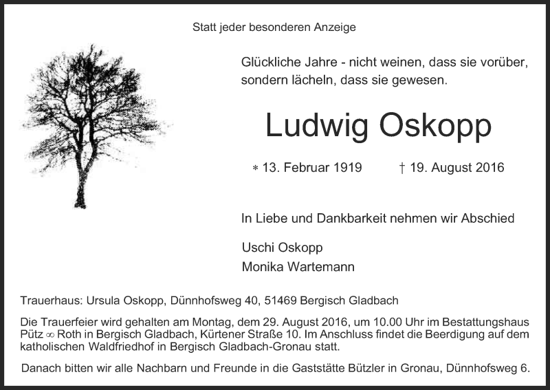  Traueranzeige für Ludwig Oskopp vom 25.08.2016 aus Kölner Stadt-Anzeiger / Kölnische Rundschau / Express