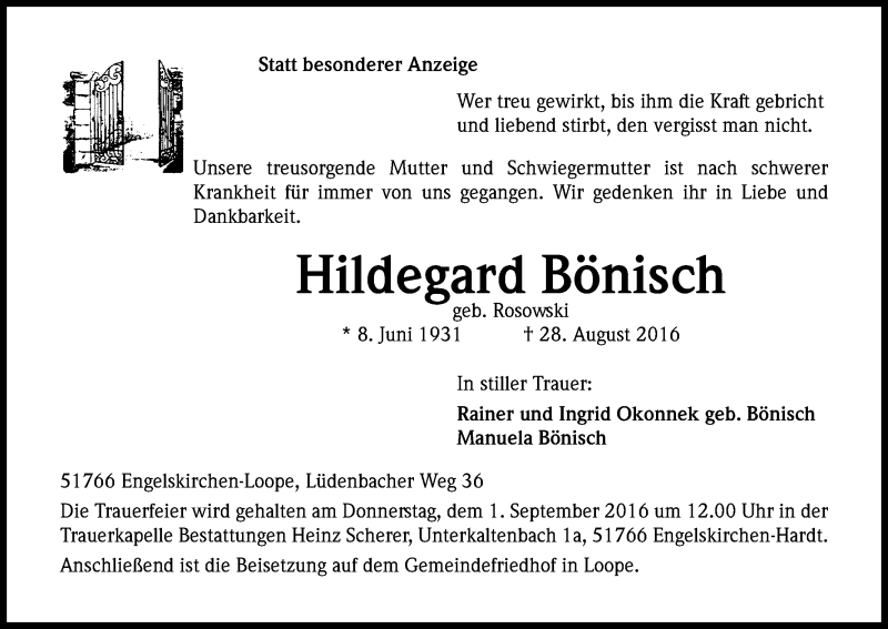  Traueranzeige für Hildegard Bönisch vom 30.08.2016 aus Kölner Stadt-Anzeiger / Kölnische Rundschau / Express