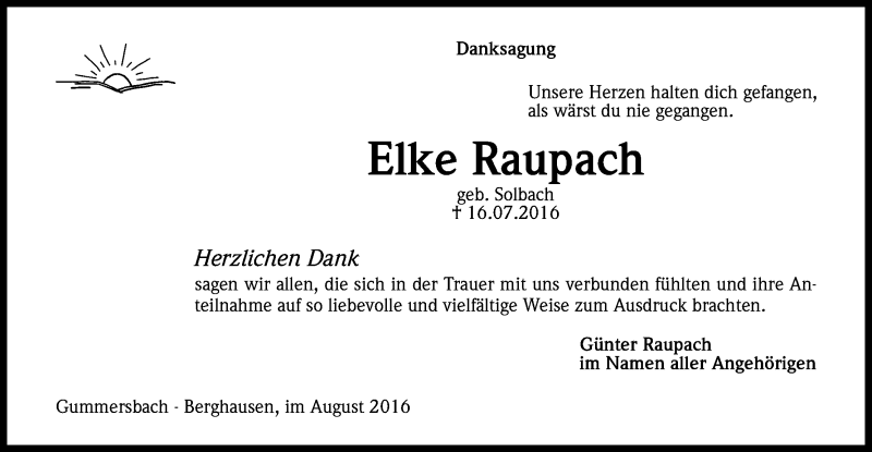  Traueranzeige für Elke  Raupach vom 30.08.2016 aus Kölner Stadt-Anzeiger / Kölnische Rundschau / Express