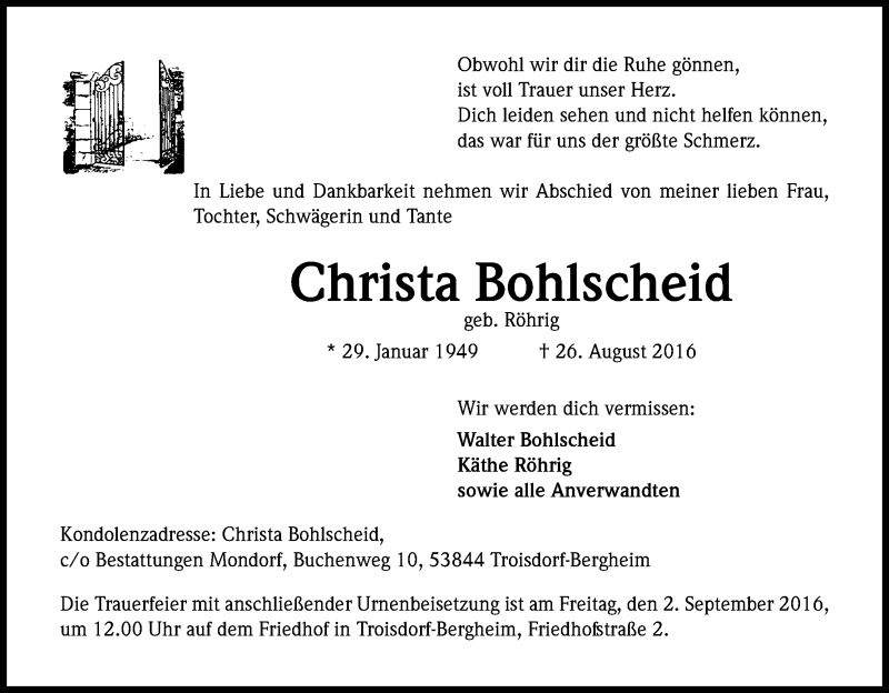  Traueranzeige für Christa Bohlscheid vom 30.08.2016 aus Kölner Stadt-Anzeiger / Kölnische Rundschau / Express