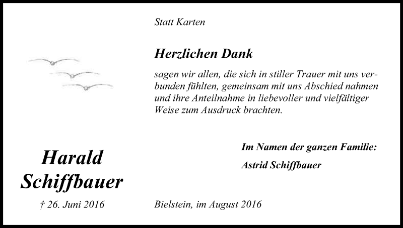  Traueranzeige für Harald Schiffbauer vom 13.08.2016 aus Kölner Stadt-Anzeiger / Kölnische Rundschau / Express