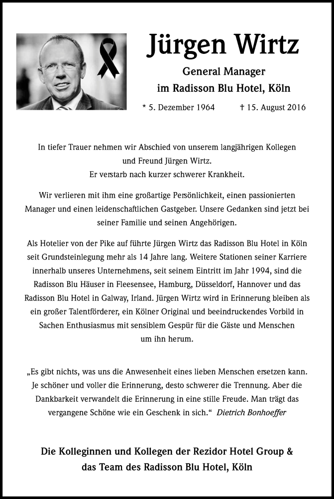  Traueranzeige für Jürgen Wirtz vom 20.08.2016 aus Kölner Stadt-Anzeiger / Kölnische Rundschau / Express