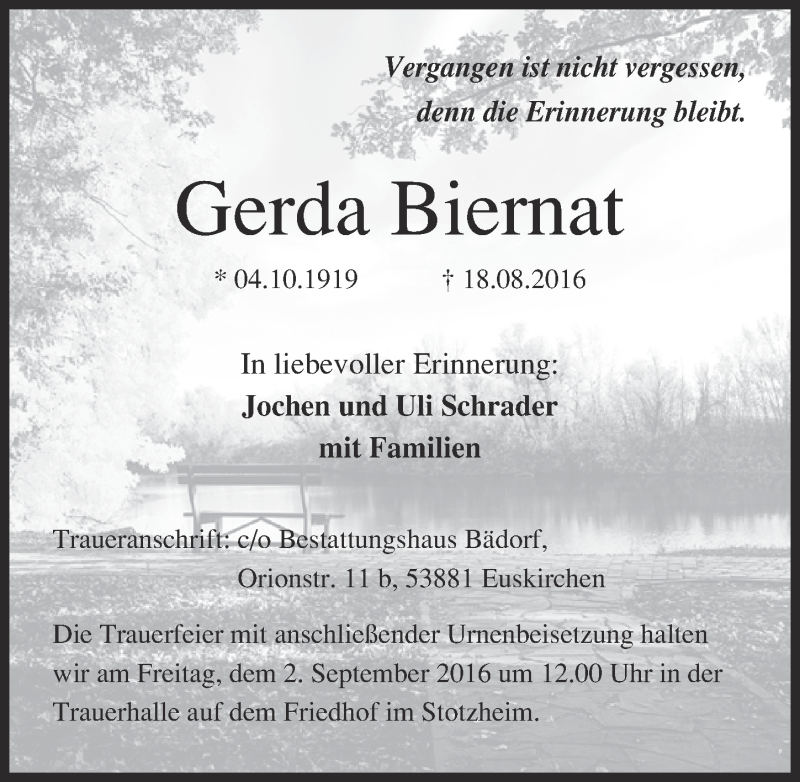  Traueranzeige für Gerda Biernat vom 27.08.2016 aus  Blickpunkt Euskirchen 