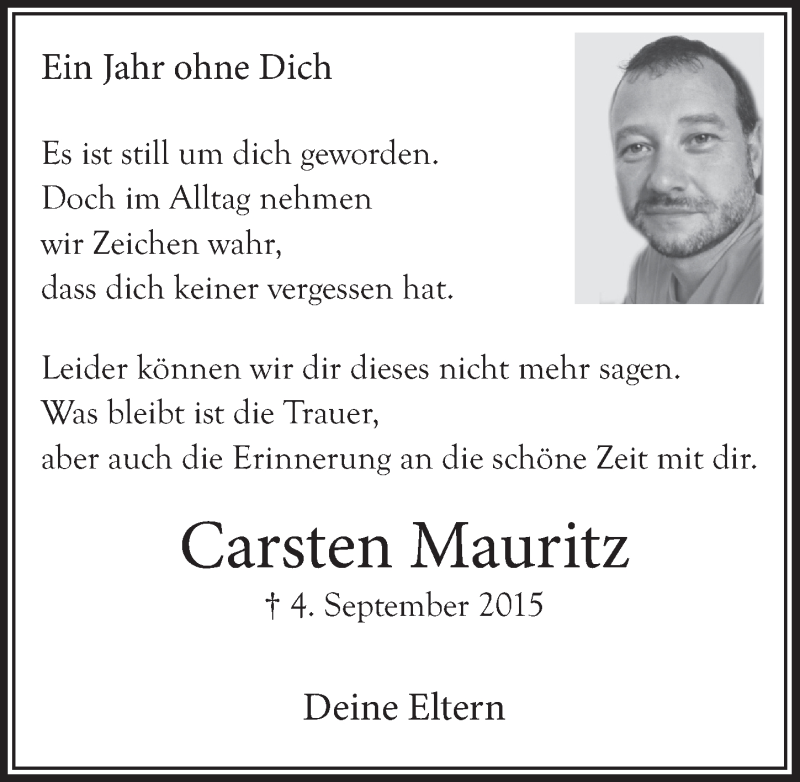  Traueranzeige für Carsten Mauritz vom 31.08.2016 aus  Anzeigen Echo 
