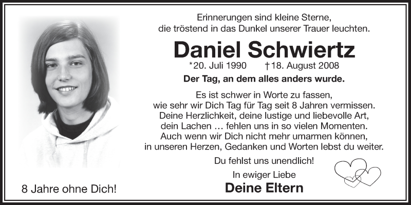  Traueranzeige für Daniel Schwiertz vom 24.08.2016 aus  Bergisches Handelsblatt 