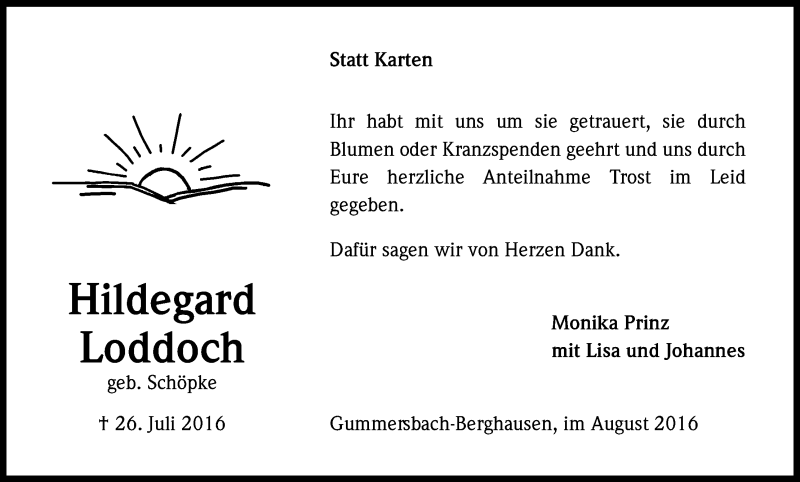  Traueranzeige für Hildegard Loddoch vom 19.08.2016 aus Kölner Stadt-Anzeiger / Kölnische Rundschau / Express