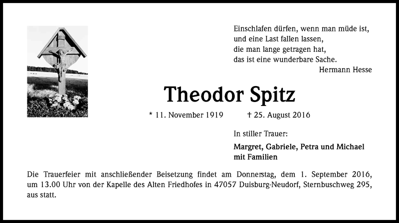  Traueranzeige für Theodor Spitz vom 30.08.2016 aus Kölner Stadt-Anzeiger / Kölnische Rundschau / Express
