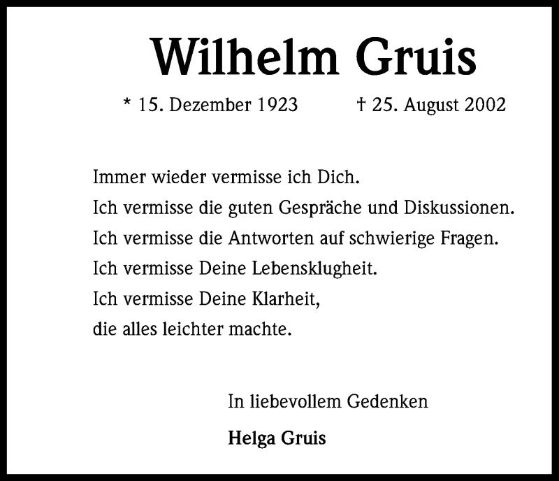  Traueranzeige für Wilhelm Gruis vom 25.08.2016 aus Kölner Stadt-Anzeiger / Kölnische Rundschau / Express