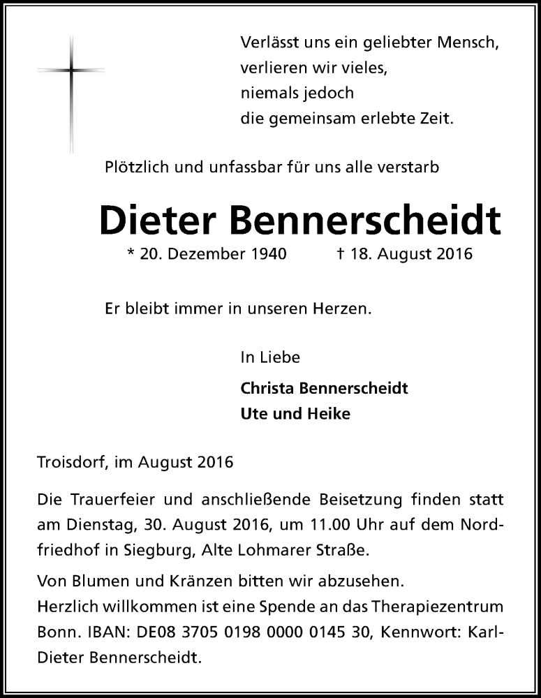  Traueranzeige für Dieter Bennerscheidt vom 25.08.2016 aus Kölner Stadt-Anzeiger / Kölnische Rundschau / Express