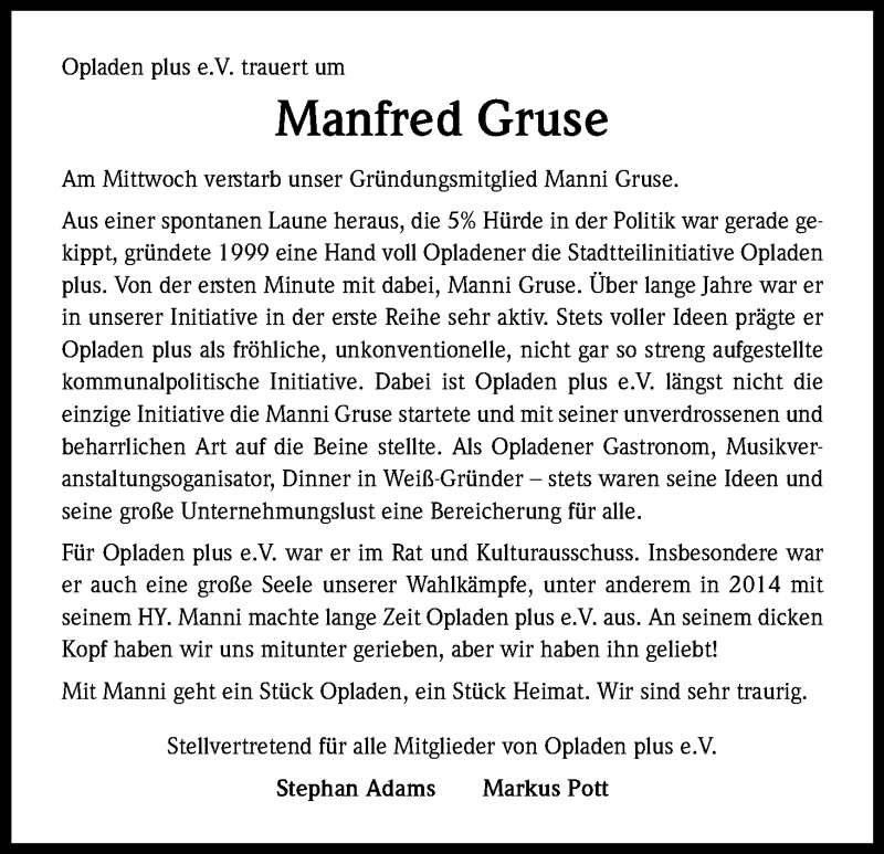  Traueranzeige für Manfred Gruse vom 27.08.2016 aus Kölner Stadt-Anzeiger / Kölnische Rundschau / Express