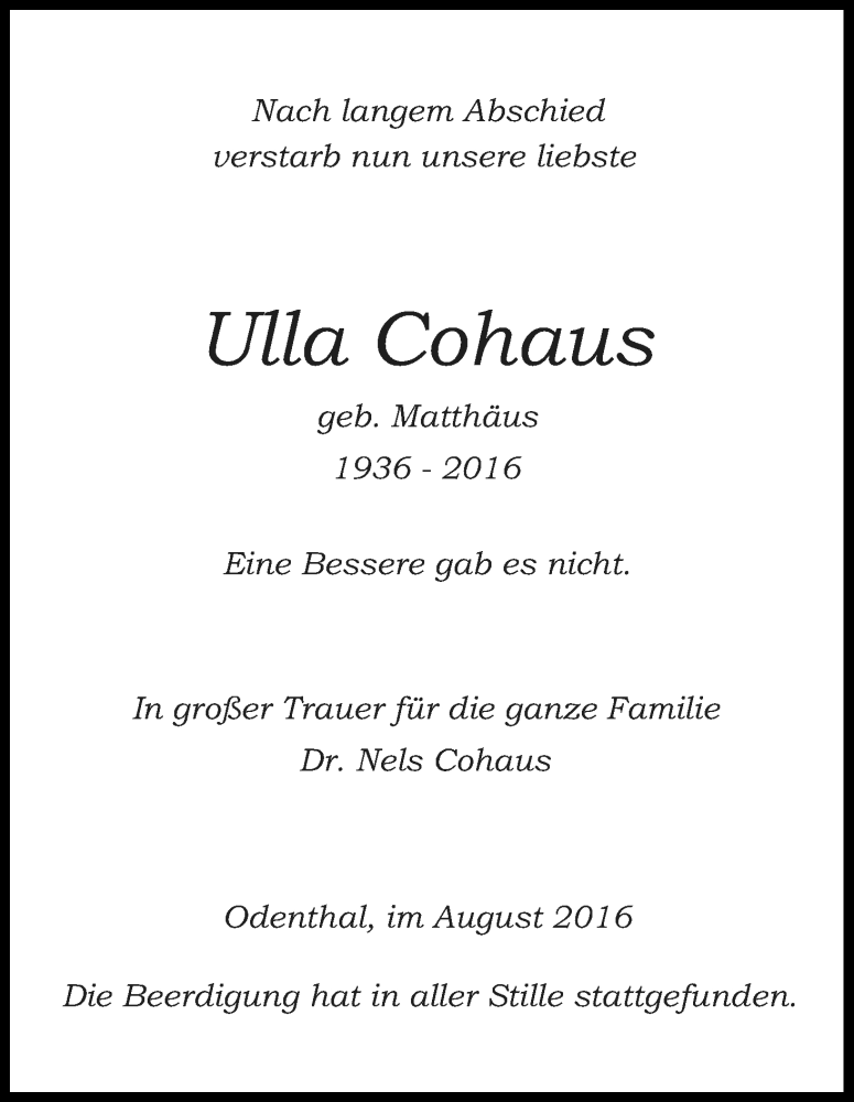  Traueranzeige für Ulla Cohaus vom 30.08.2016 aus Kölner Stadt-Anzeiger / Kölnische Rundschau / Express