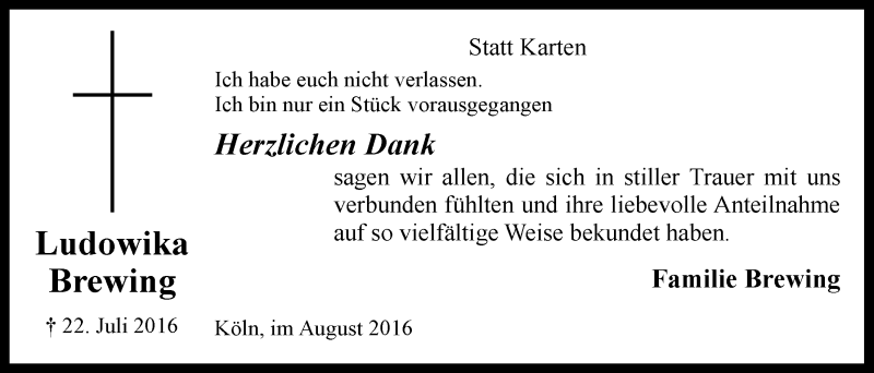  Traueranzeige für Ludowika Brewing vom 31.08.2016 aus  Kölner Wochenspiegel 