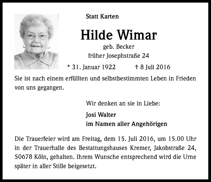  Traueranzeige für Hilde Wimar vom 13.07.2016 aus Kölner Stadt-Anzeiger / Kölnische Rundschau / Express