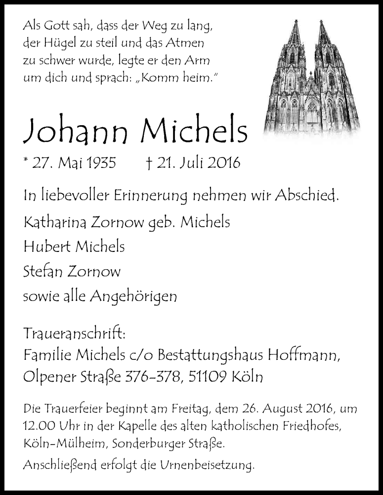 Traueranzeige für Johann Michels vom 20.08.2016 aus Kölner Stadt-Anzeiger / Kölnische Rundschau / Express