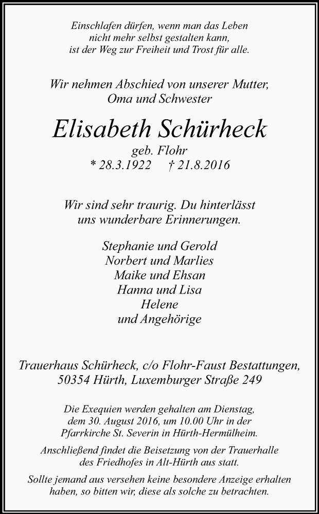  Traueranzeige für Elisabeth Schürheck vom 25.08.2016 aus Kölner Stadt-Anzeiger / Kölnische Rundschau / Express
