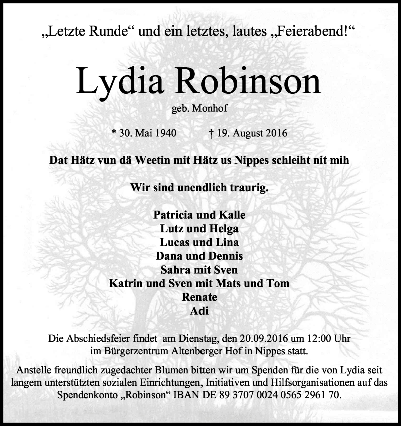  Traueranzeige für Lydia Robinson vom 27.08.2016 aus Kölner Stadt-Anzeiger / Kölnische Rundschau / Express