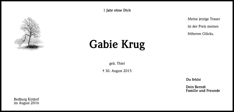  Traueranzeige für Gabie Krug vom 30.08.2016 aus Kölner Stadt-Anzeiger / Kölnische Rundschau / Express