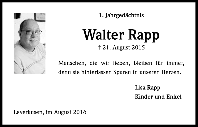  Traueranzeige für Walter Rapp vom 20.08.2016 aus Kölner Stadt-Anzeiger / Kölnische Rundschau / Express