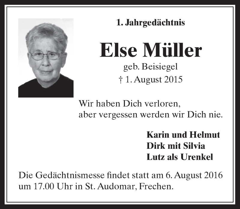  Traueranzeige für Else Müller vom 03.08.2016 aus  Wochenende 