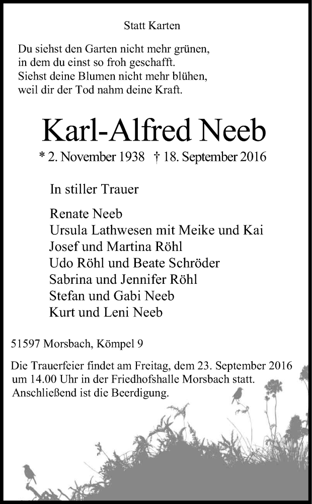  Traueranzeige für Karl-Alfred Neeb vom 21.09.2016 aus Kölner Stadt-Anzeiger / Kölnische Rundschau / Express