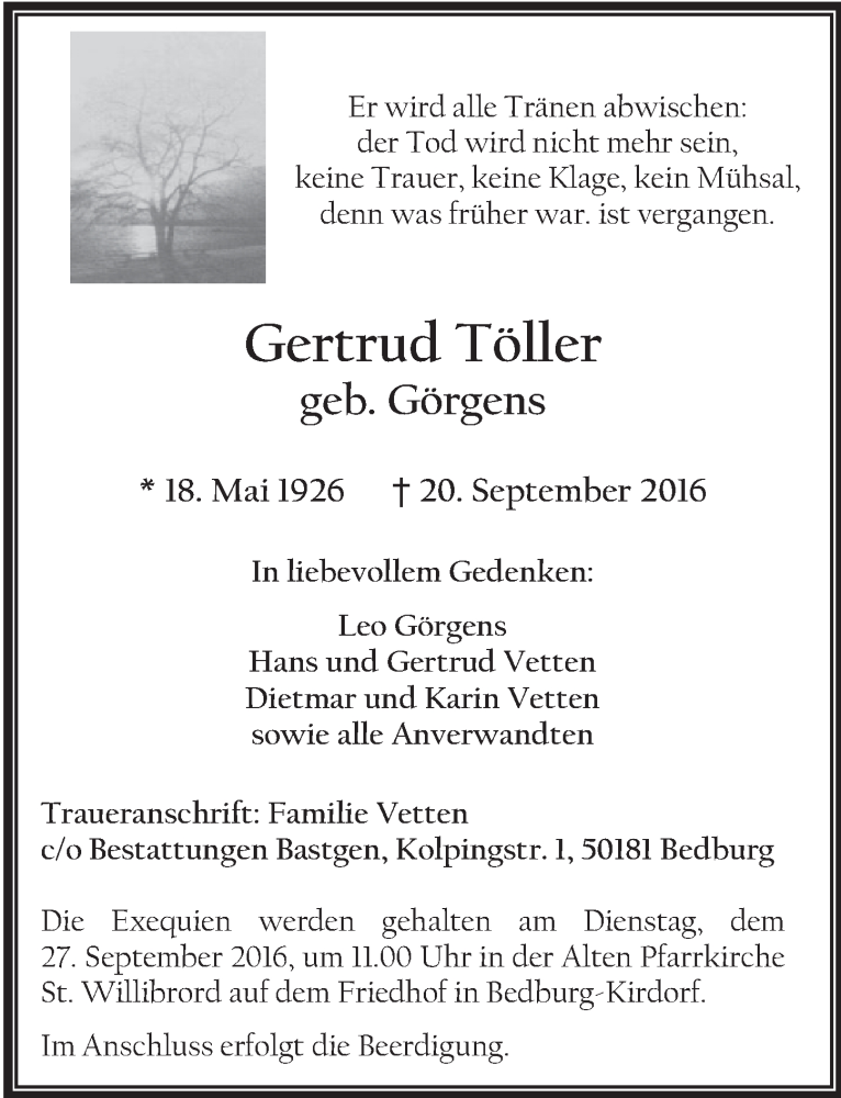  Traueranzeige für Gertrud Töller vom 24.09.2016 aus  Sonntags-Post 