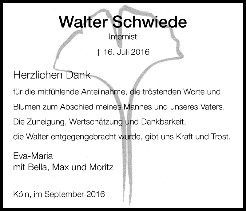  Traueranzeige für Walter Schwiede vom 03.09.2016 aus Kölner Stadt-Anzeiger / Kölnische Rundschau / Express