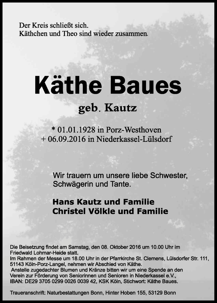  Traueranzeige für Käthe Baues vom 26.09.2016 aus Kölner Stadt-Anzeiger / Kölnische Rundschau / Express
