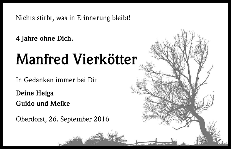  Traueranzeige für Manfred Vierkötter vom 26.09.2016 aus Kölner Stadt-Anzeiger / Kölnische Rundschau / Express