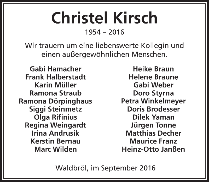  Traueranzeige für Christel Kirsch vom 07.09.2016 aus  Lokalanzeiger 