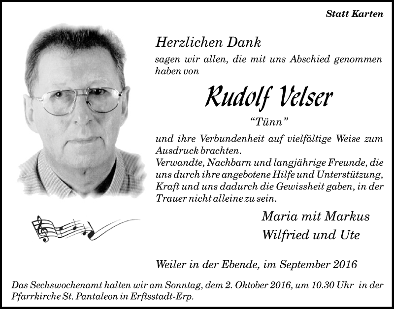  Traueranzeige für Rudolf Velser vom 24.09.2016 aus  Blickpunkt Euskirchen 