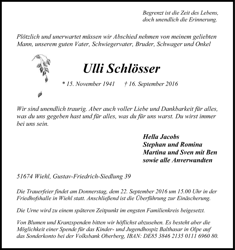  Traueranzeige für Ulli Schlösser vom 20.09.2016 aus Kölner Stadt-Anzeiger / Kölnische Rundschau / Express