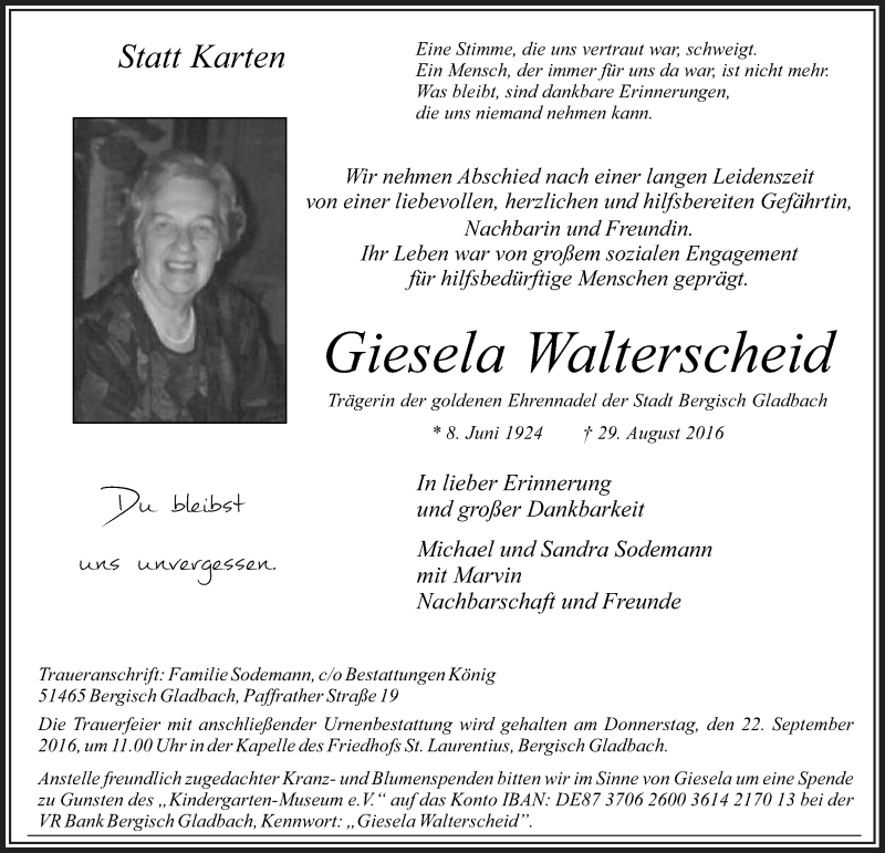  Traueranzeige für Giesela Walterscheid vom 14.09.2016 aus  Bergisches Handelsblatt 
