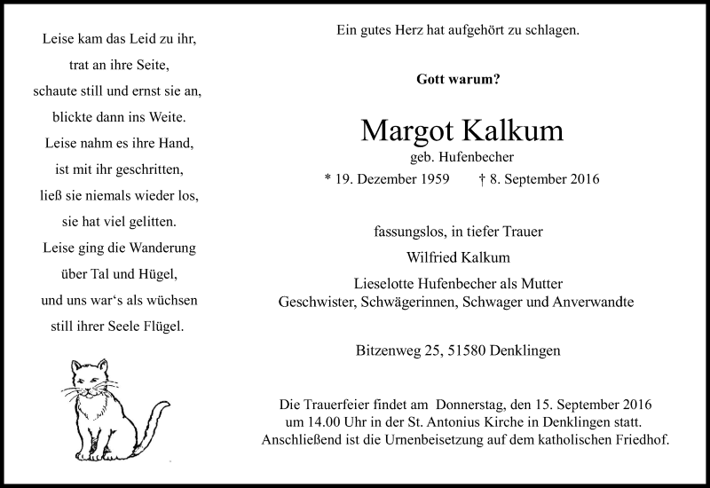  Traueranzeige für Margot Kalkum vom 12.09.2016 aus Kölner Stadt-Anzeiger / Kölnische Rundschau / Express