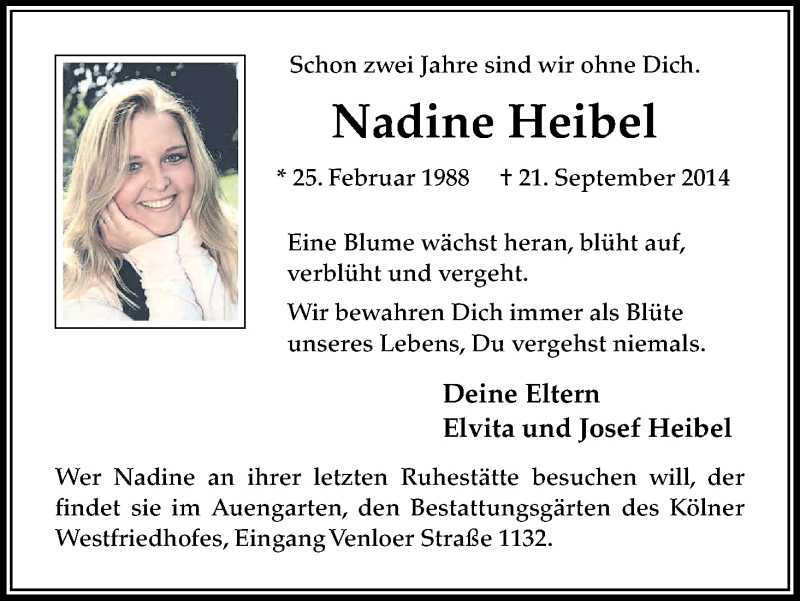  Traueranzeige für Nadine Heibel vom 21.09.2016 aus Kölner Stadt-Anzeiger / Kölnische Rundschau / Express