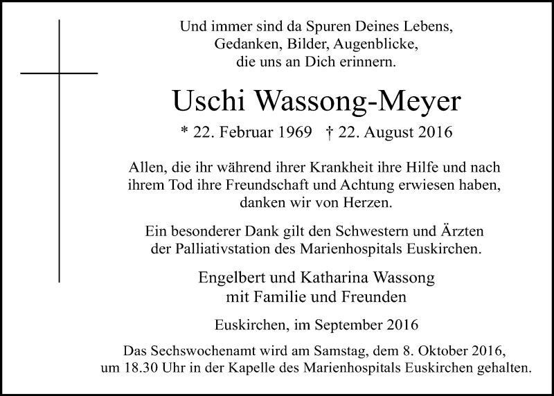  Traueranzeige für Uschi Wassong-Meyer vom 24.09.2016 aus  Blickpunkt Euskirchen 